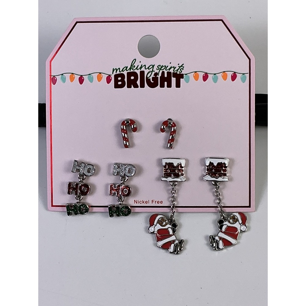 Christmas Holiday Earrings Set Candy Cane Santa Claus Ho Ho Ho Nickel Free